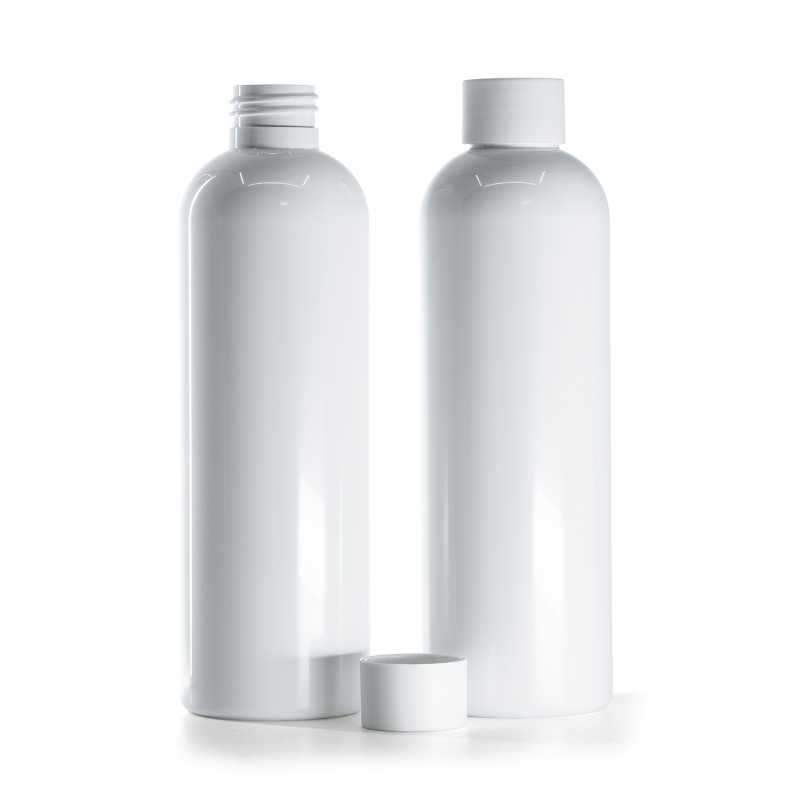 Botella de plástico blanca, tapón blanco mate, 250 ml