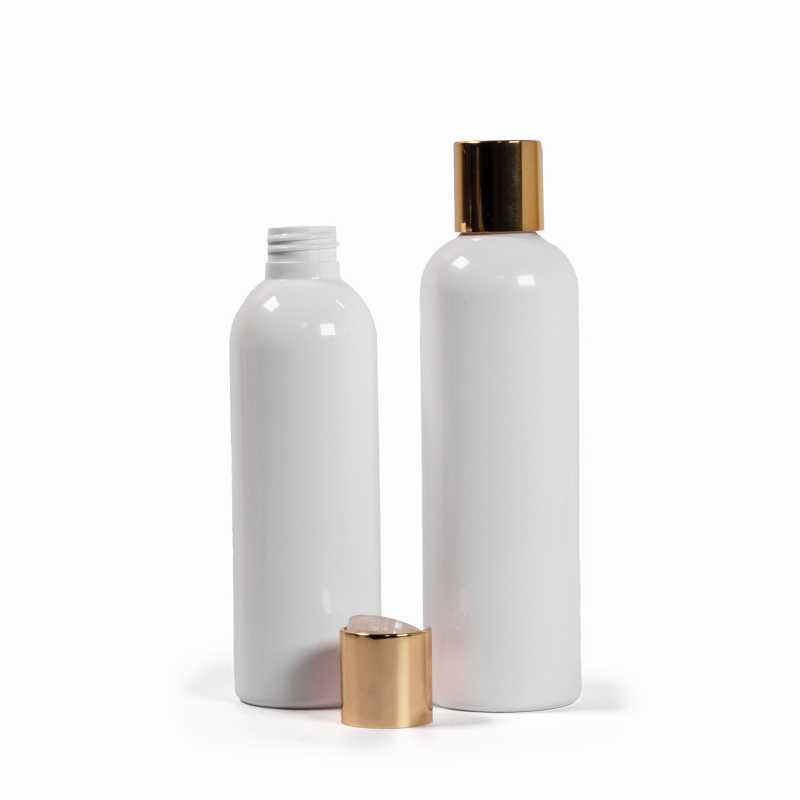 Botella de plástico blanca, tapón flip-top dorado, 250 ml