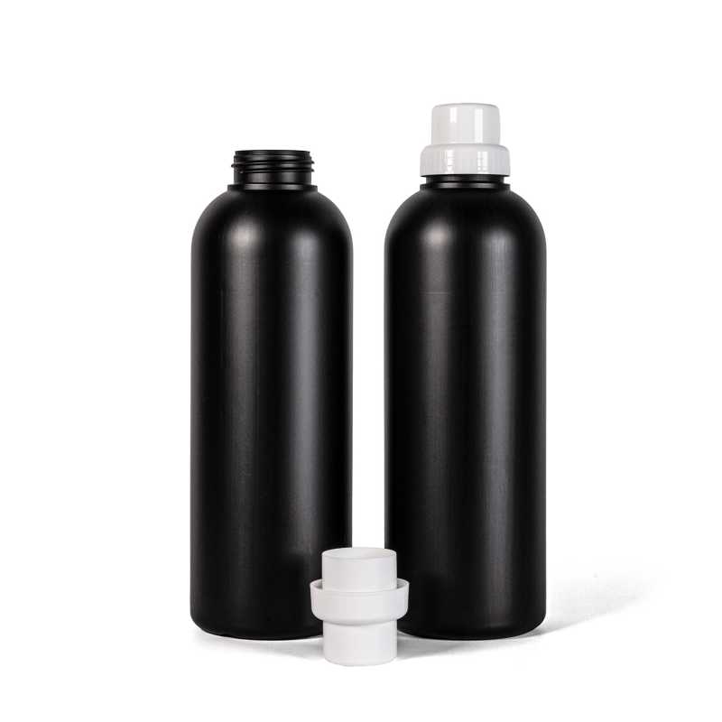 Botella, plástico, negra, tapón blanco, 1 l