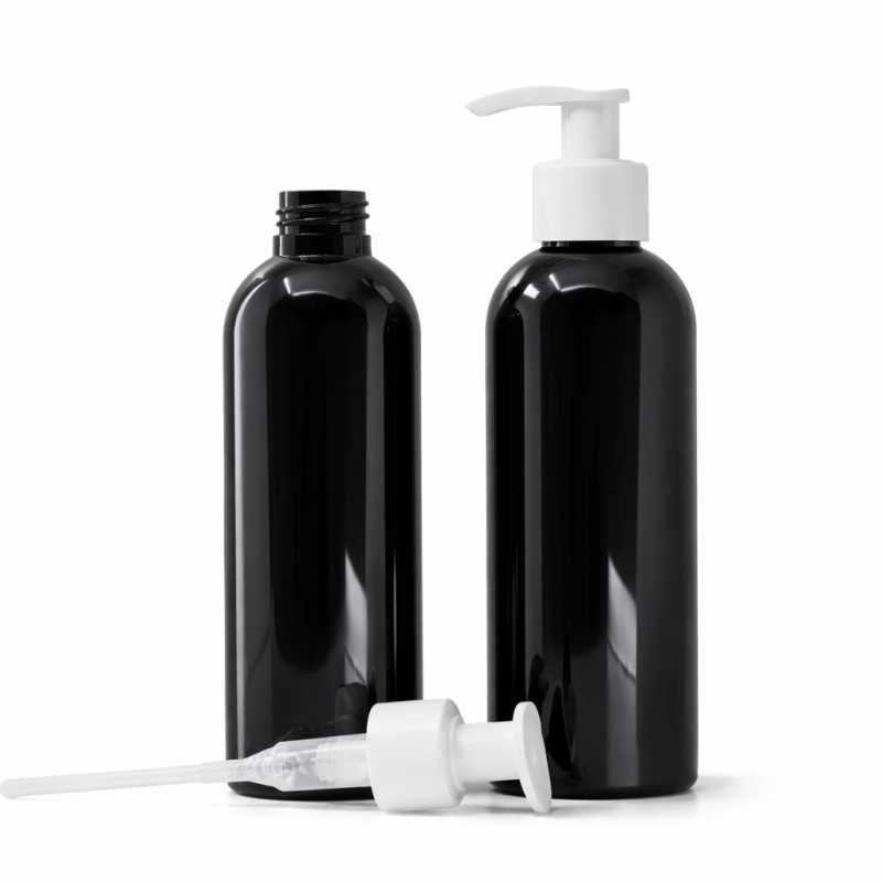 Botella de plástico negra brillante, bomba blanca, 200 ml