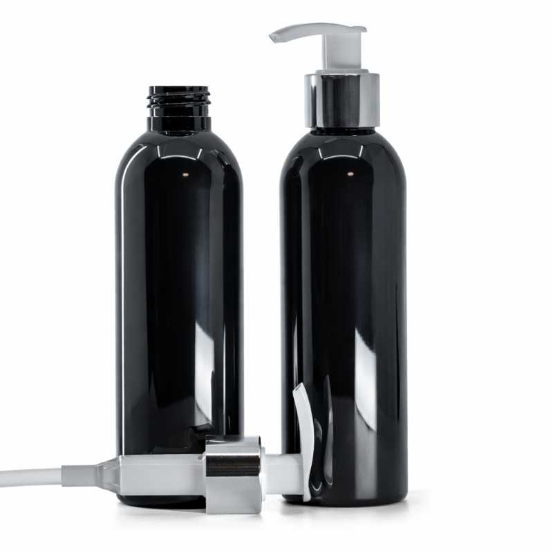 Botella de plástico negra brillante, bomba blanca con anillo plateado brillante, 200 ml