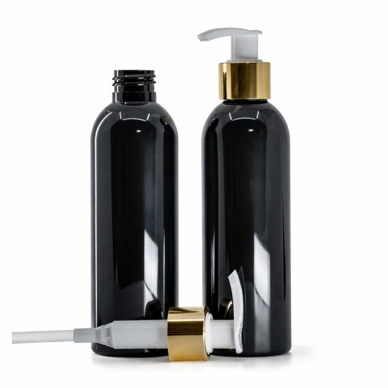 Botella de plástico negra brillante, bomba blanca con anillo dorado brillante, 200 ml