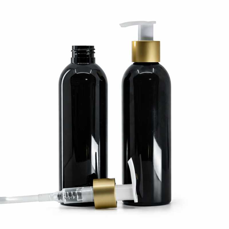 Botella de plástico negra brillante, bomba loción blanca con cuello dorado mate, 200 ml