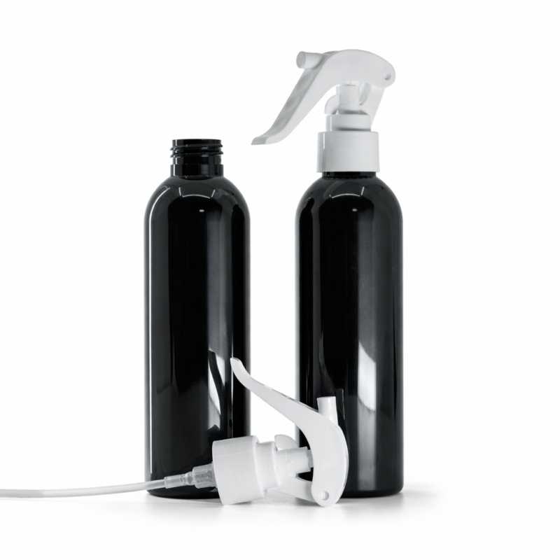 Botella de plástico negra brillante, pulverizador de gatillo blanco, 200 ml