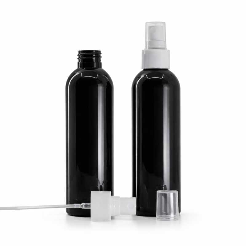 Botella de plástico negra brillante, pulverizador blanco, 200 ml