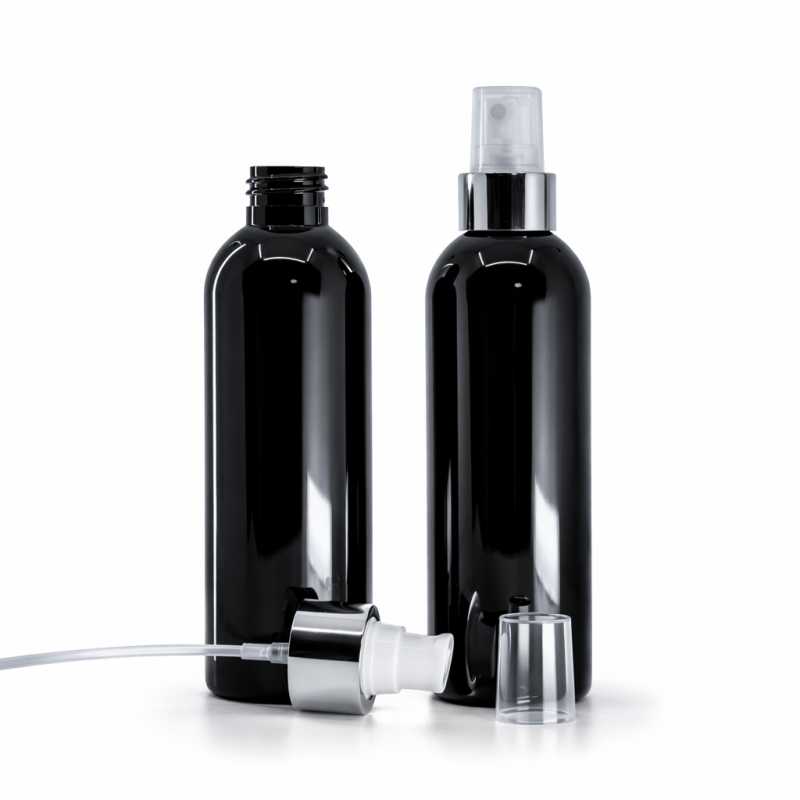 Botella de plástico negra brillante, pulverizador blanco, anillo plateado brillante, 200 ml