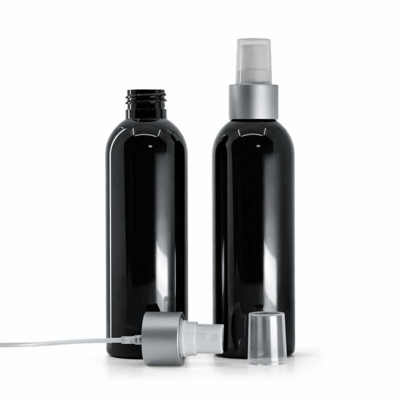 Botella de plástico negra brillante, pulverizador blanco, anillo plateado mate, 200 ml