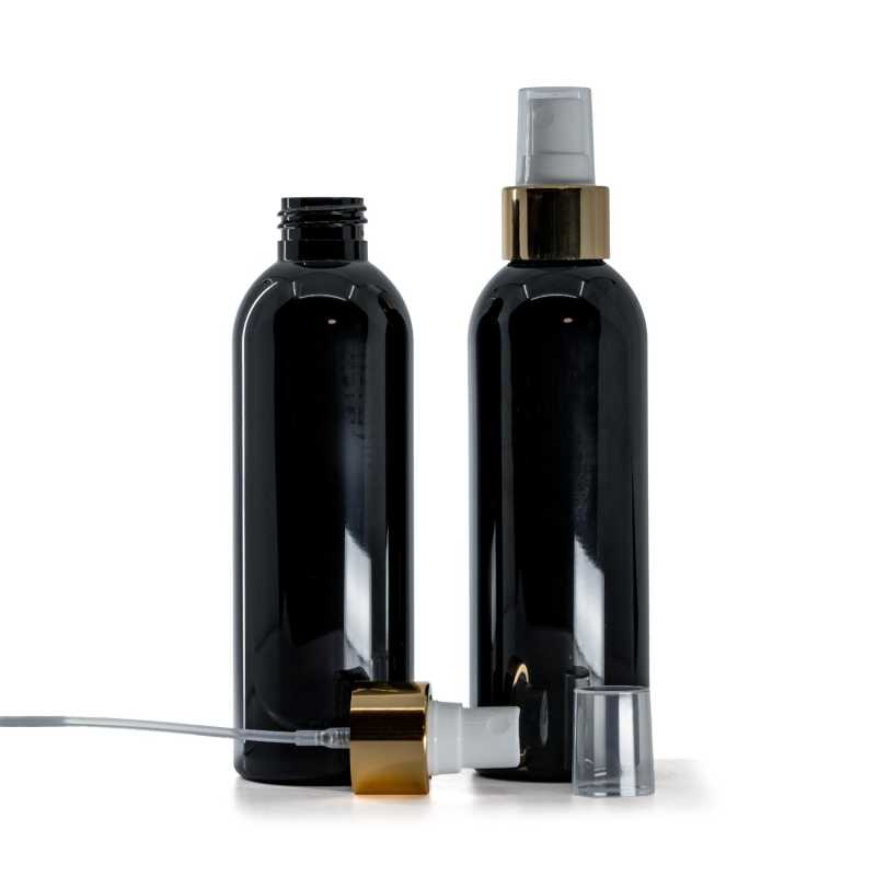 Botella de plástico negra brillante, pulverizador blanco, anillo dorado brillante, 200 ml