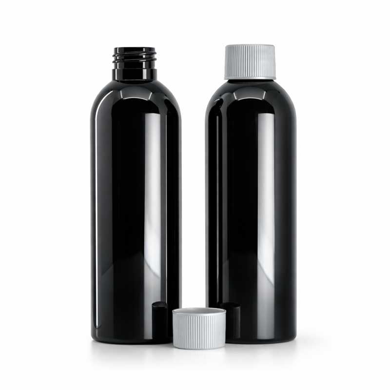 Botella de plástico negra brillante, tapón blanco, 200 ml
