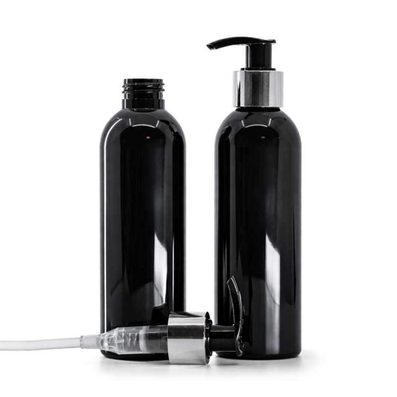 Botella de plástico negra brillante, dosificador negro y plateado, 200 ml