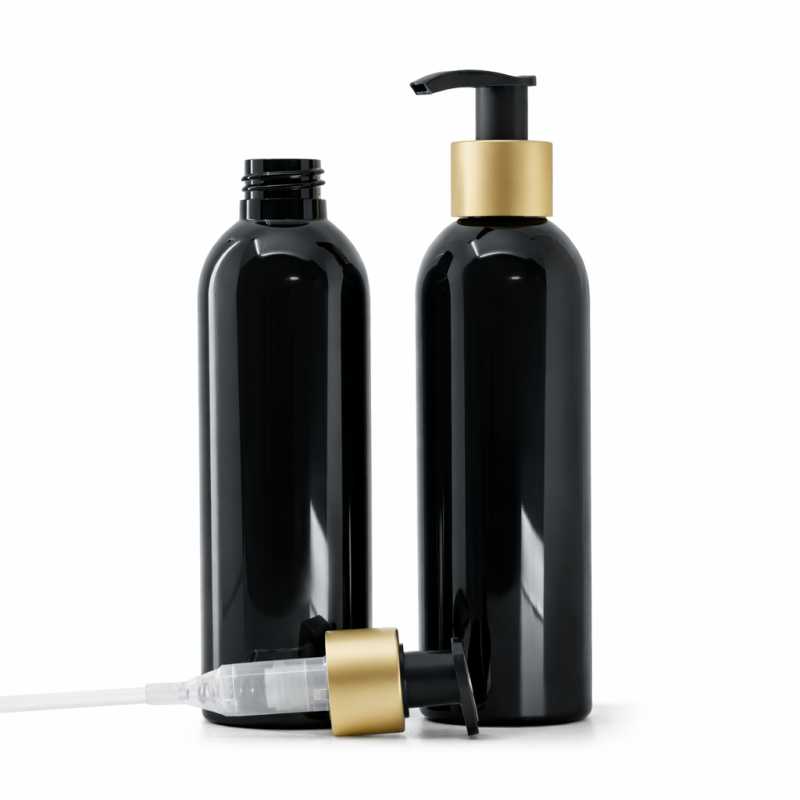 Botella de plástico negra brillante, bomba loción negra con cuello dorado mate, 200 ml