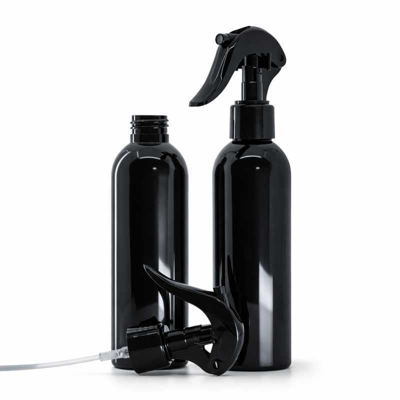 Botella de plástico negra brillante, pulverizador de gatillo negro, 200 ml