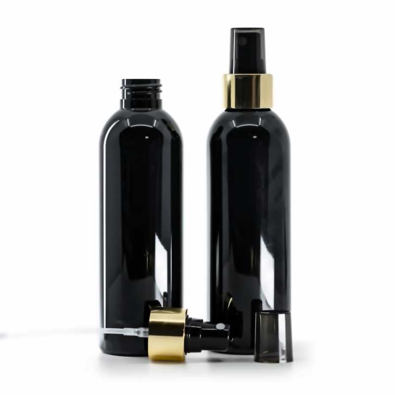Botella de plástico negra brillante, pulverizador negro, anillo dorado brillante, 200 ml