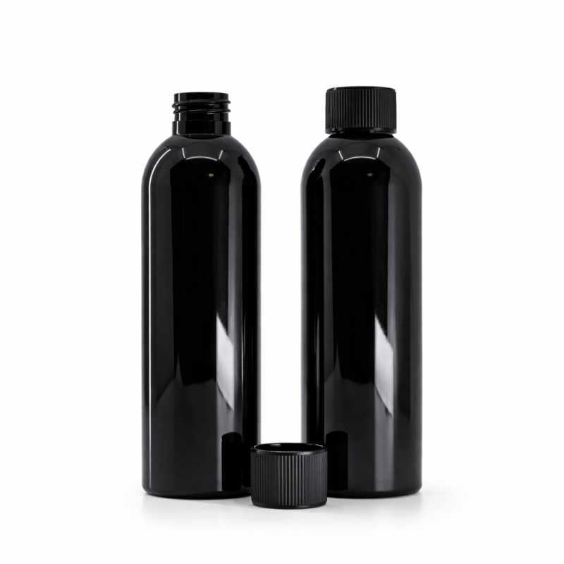 Botella de plástico negra brillante, 200 ml, tapón de rosca estriado negro