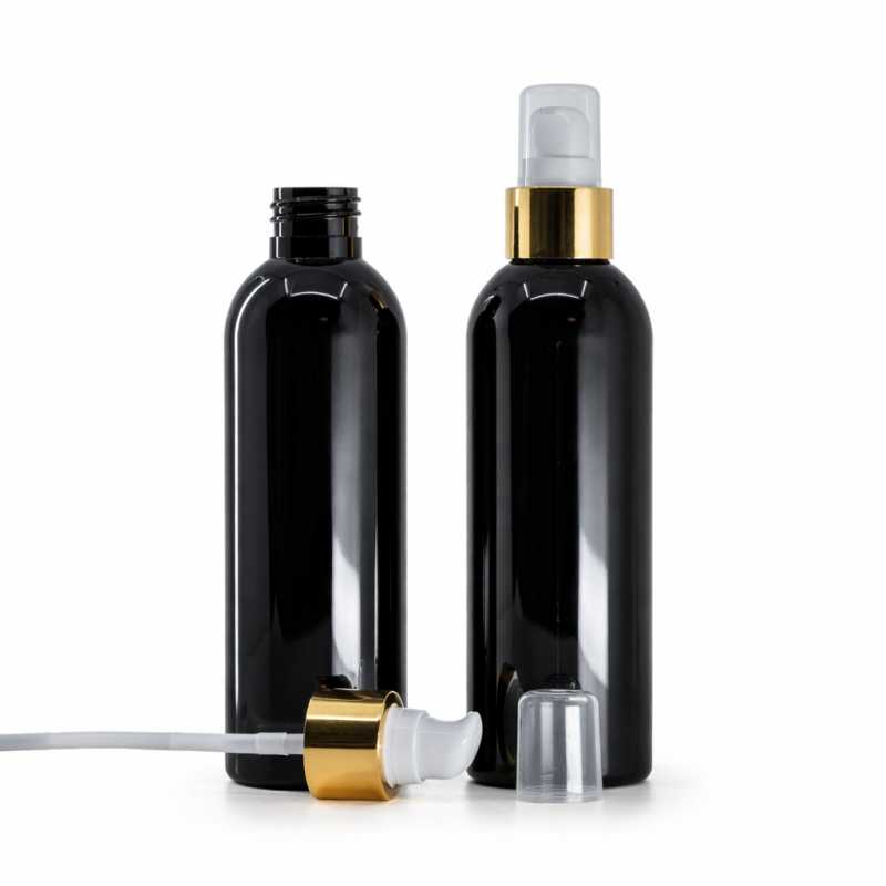 Botella de plástico negra brillante, dispensador blanco con sobretapa y detalles dorados brillantes, 200 ml