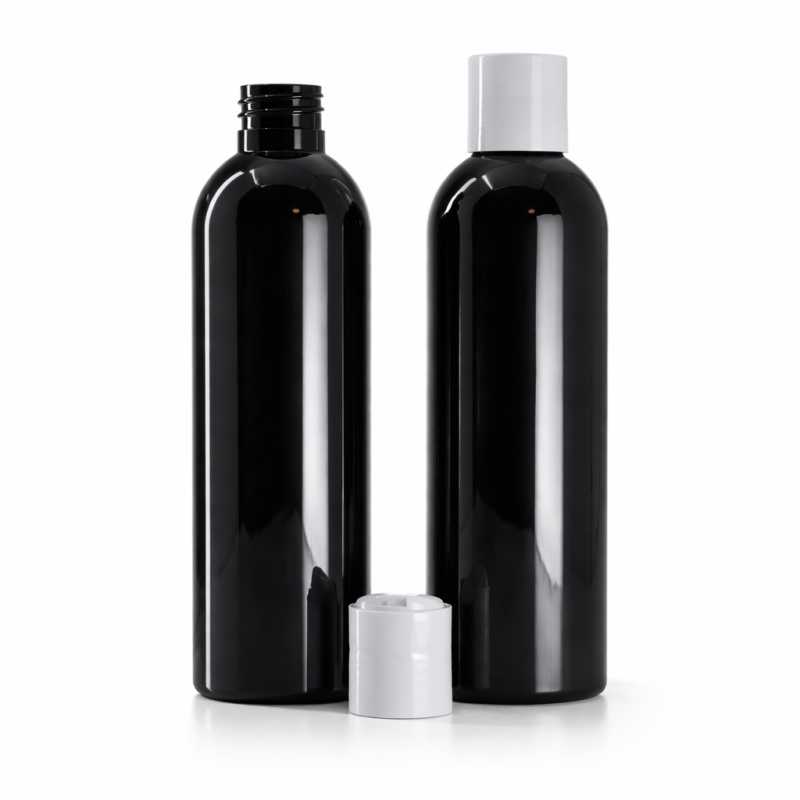 Botella de plástico negra brillante, tapón disc-top blanco, 200 ml
