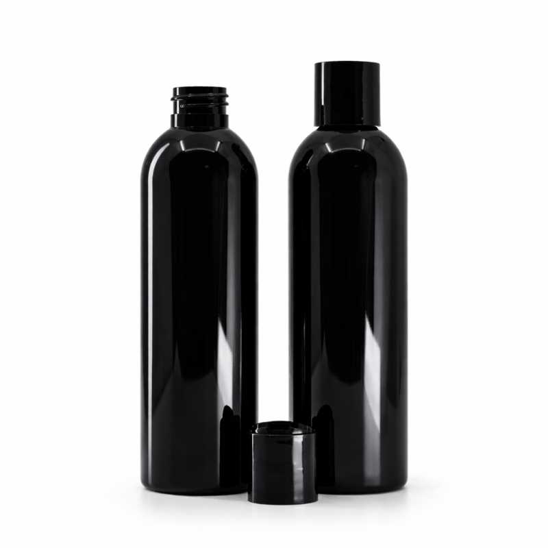 Botella de plástico negra brillante, tapón disc-top negro, 200 ml