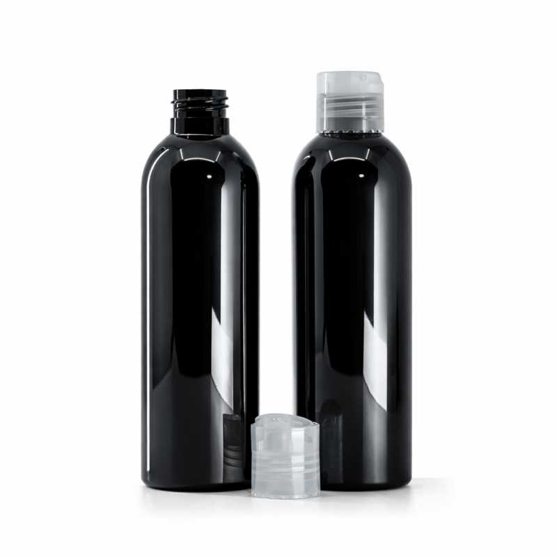 Botella de plástico negra brillante, tapón disc-top transparente, 200 ml