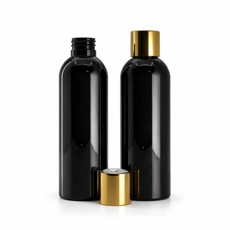 Botella de plástico negra brillante, tapón disc-top, dorado, inserto blanco, 200 ml
