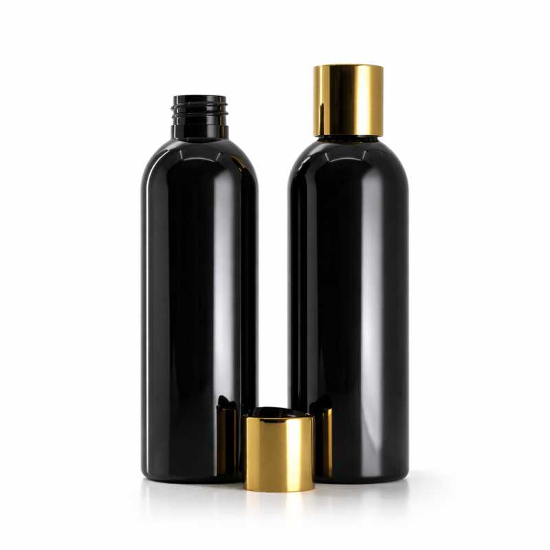 Botella de plástico negra brillante, tapón disc-top dorado con centro negro, 200 ml