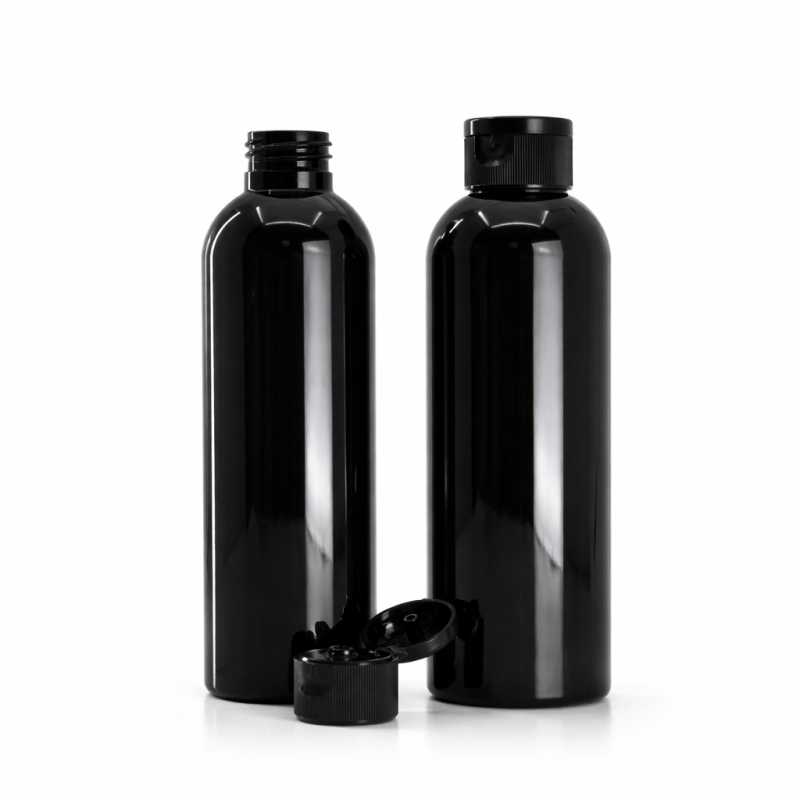 Botella de plástico negra brillante, tapón flip-top negro, 200 ml