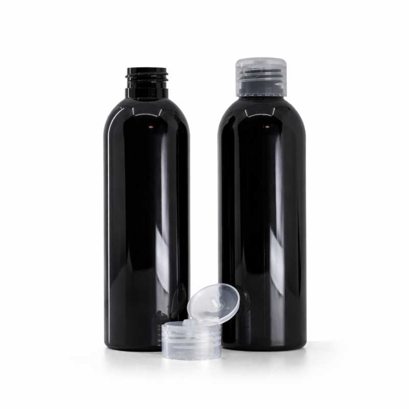 Botella de plástico negra brillante, tapón flip-top transparente, 200 ml