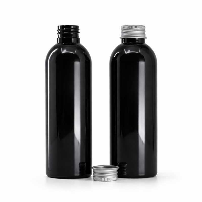 Botella de plástico negra brillante, 200 ml, tapón de aluminio