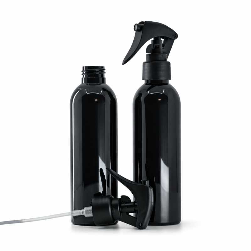 Botella de plástico negra brillante, pulverizador de gatillo negro mate, anillo liso, 200 ml