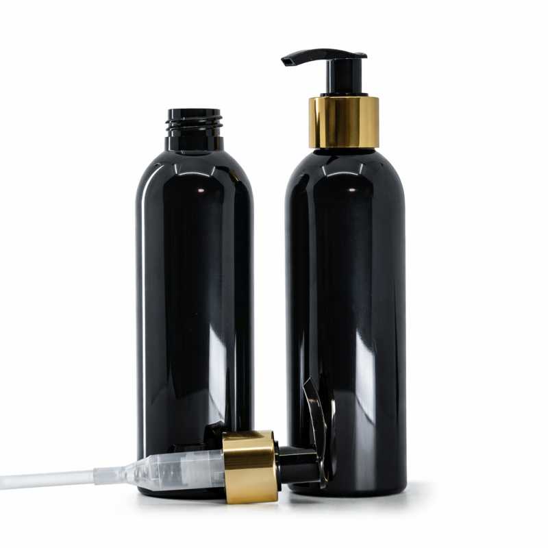 Botella de plástico negra brillante, dosificador de plástico dorado, 200 ml