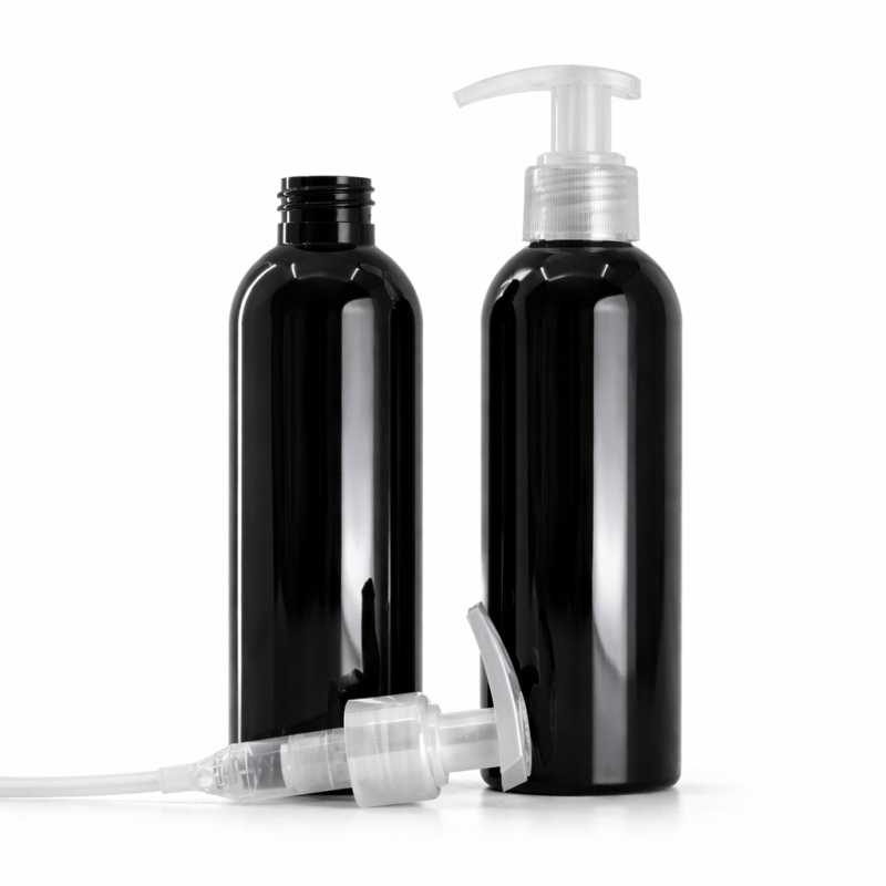 Botella de plástico negra brillante, dispensador transparente, 200 ml
