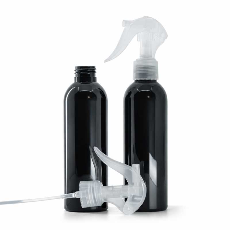 Botella de plástico negra brillante, pulverizador de gatillo transparente, 200 ml