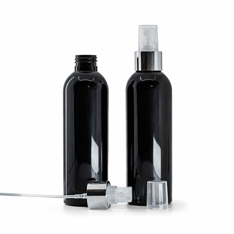 Botella de plástico negra brillante, pulverizador transparente, anillo plateado brillante, 200 ml
