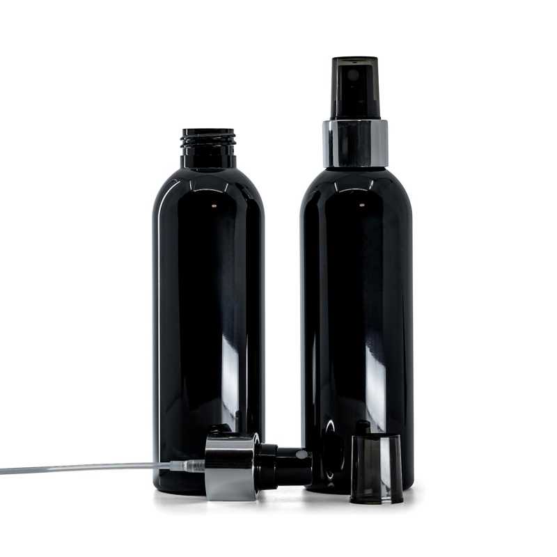 Botella de plástico negra brillante, pulverizador negro, anillo plateado brillante, 200 ml