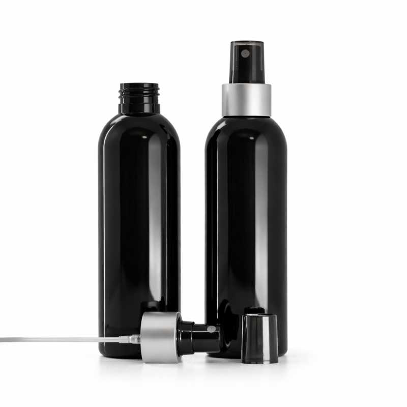 Botella de plástico negra brillante, pulverizador negro, anillo plateado mate, 200 ml