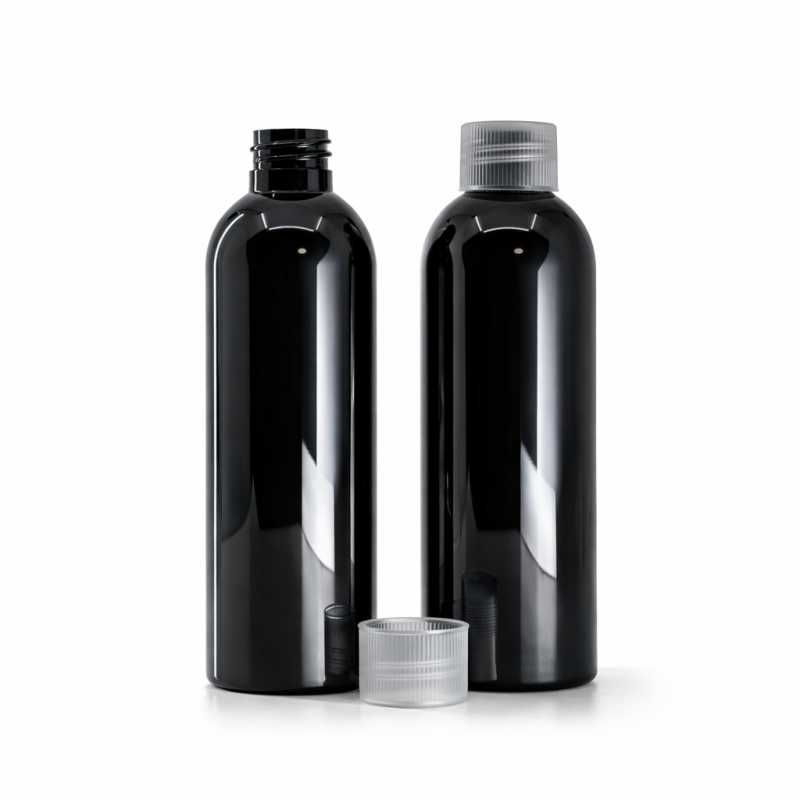 Botella de plástico negra brillante, tapón transparente, 200 ml