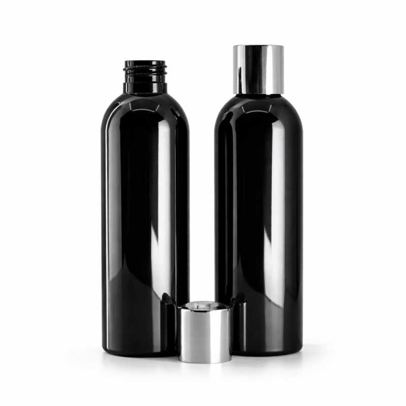 Botella de plástico negra brillante, tapón flip-top plateado, 200 ml