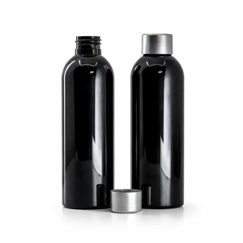 Botella de plástico negra brillante, 200 ml, tapón plateado