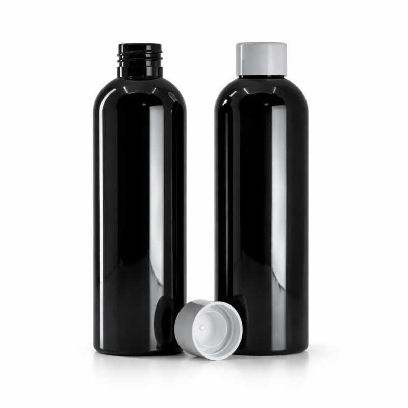Botella de plástico negra brillante, tapón blanco liso con reductor, 200 ml