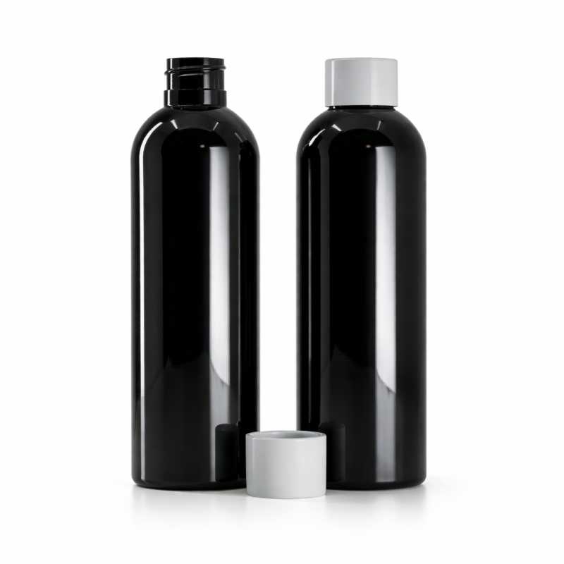 Botella de plástico negra brillante, tapón blanco mate, 200 ml