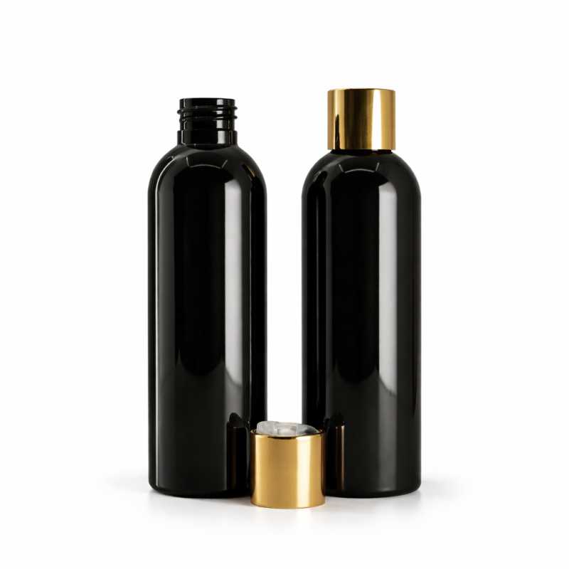 Botella de plástico negra brillante, tapón flip-top dorado, 200 ml