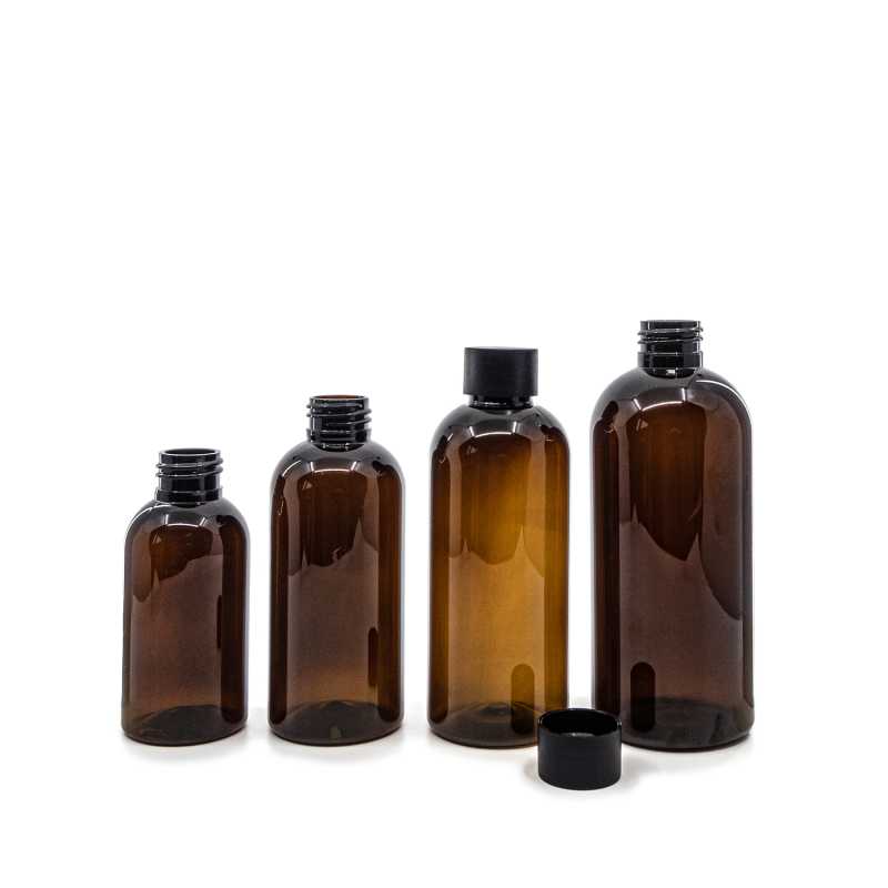 Botella de plástico marrón, 24/410, tapón negro mate, 200 ml