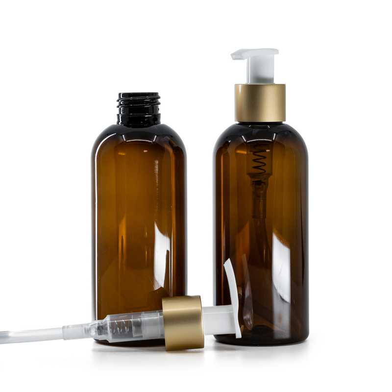 Botella de plástico marrón, bomba de loción blanca con cuello dorado mate, 200 ml