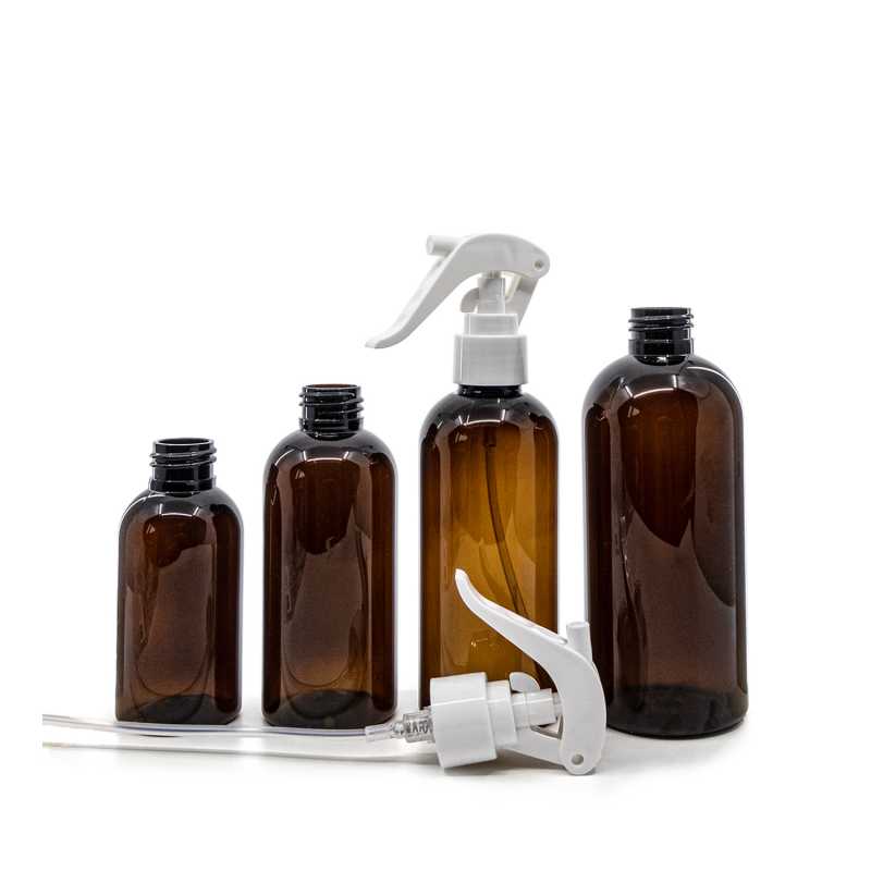 Botella de plástico marrón, pulverizador de gatillo blanco, 150 ml