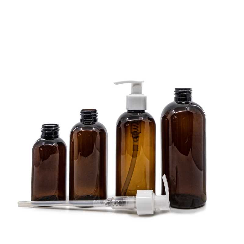 Frasco de plástico ámbar, bomba de plástico blanca, 100 ml