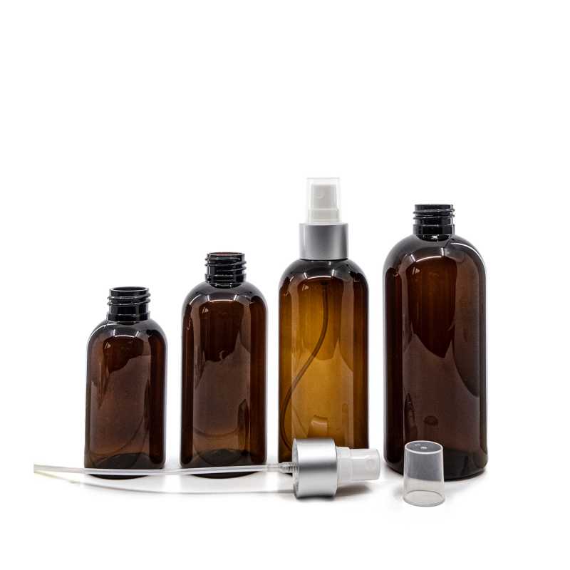 Botella de plástico marrón, pulverizador blanco, anillo plateado mate, 200 ml