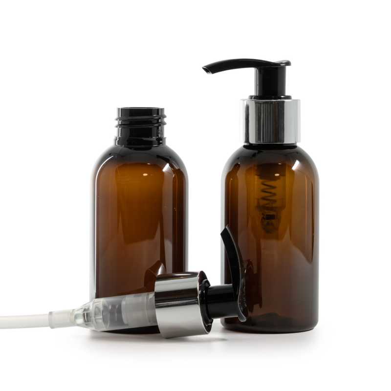Frasco de plástico marrón, bomba loción negra con cuello plateado brillante, 100 ml