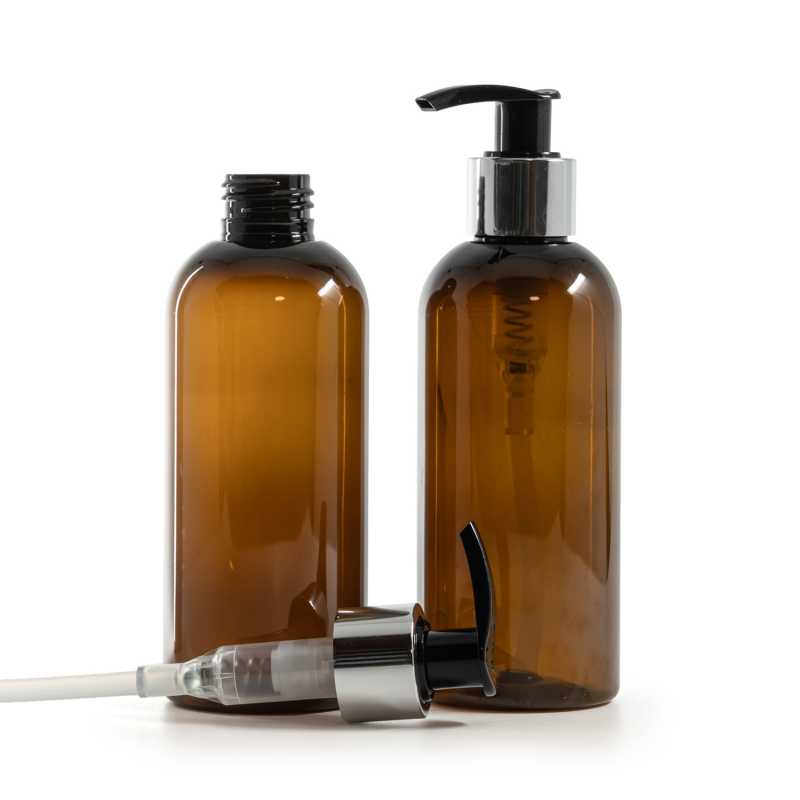 Botella de plástico marrón, bomba lotion negra con cuello plateado brillante, 200 ml