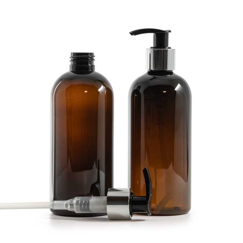 Botella de plástico marrón, dosificador negro y plateado, 300 ml