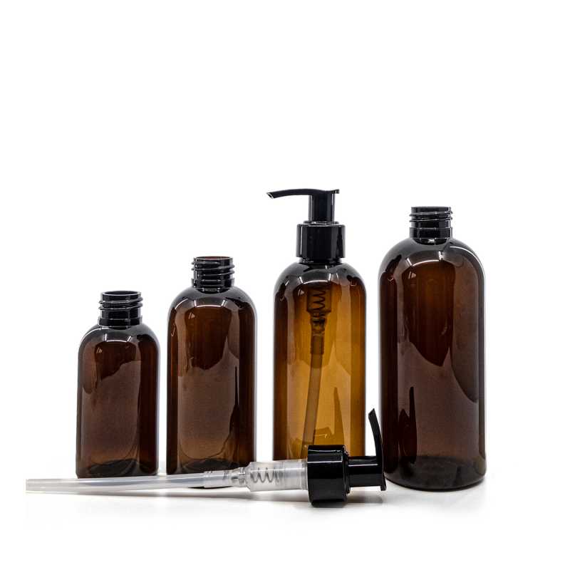 Frasco de plástico ámbar, bomba negra, 100 ml