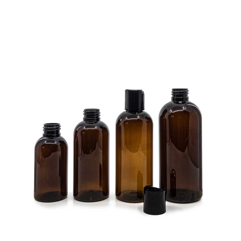 Frasco de plástico marrón, tapón disc-top negro, 100 ml